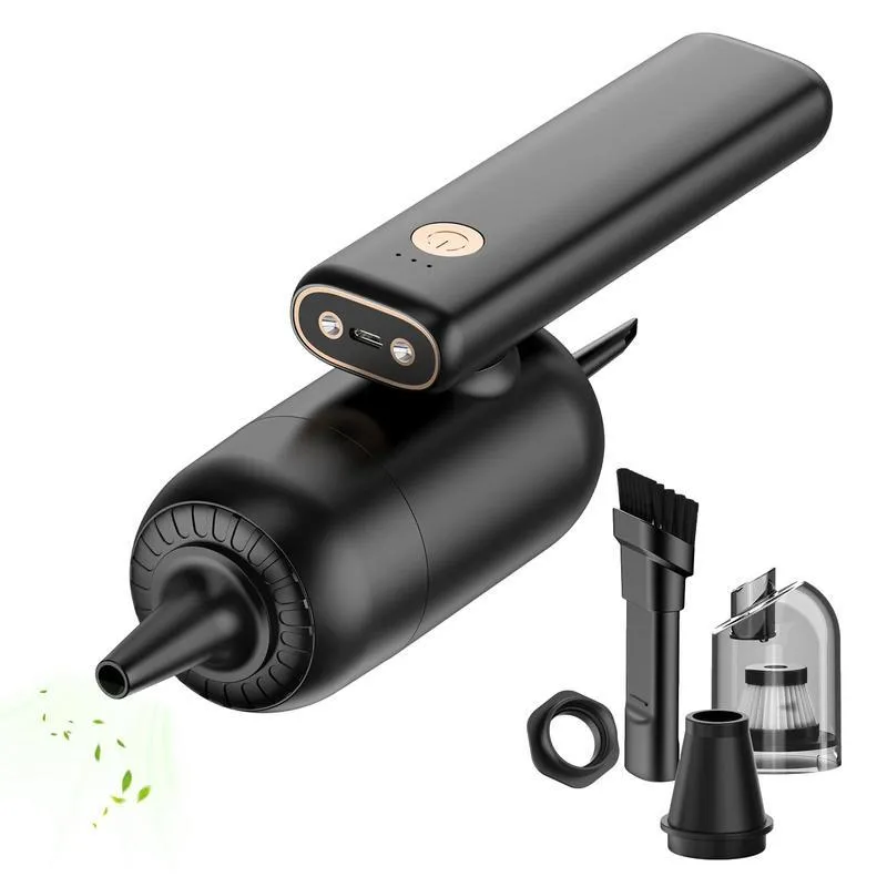 Cordless car vacuum cleaner with 4000mAh battery and replaceable nozzle on black background