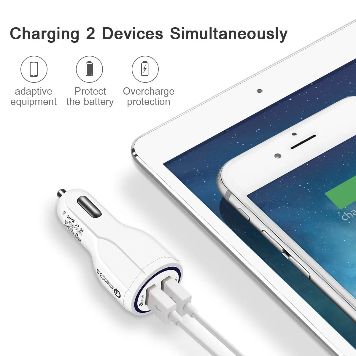 Quick Charge 3.0 dual USB car charger in black with LED indicator, mini size