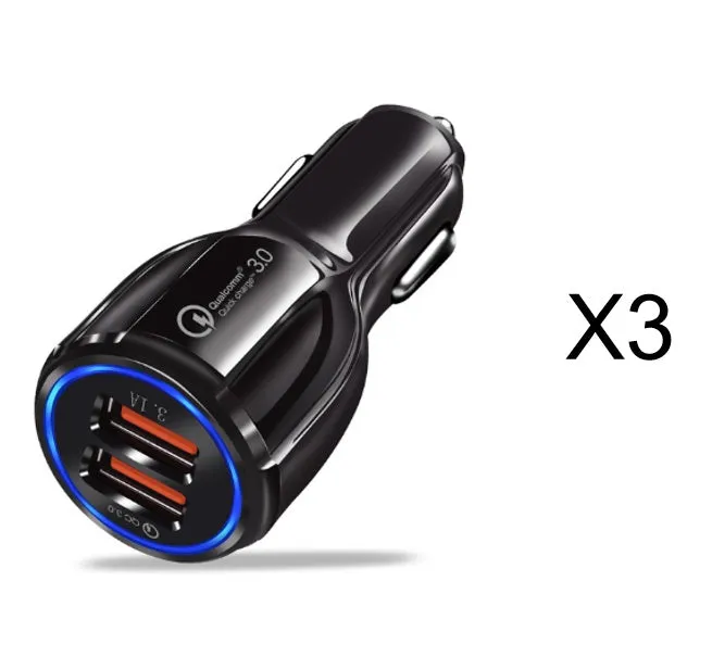Quick Charge 3.0 dual USB car charger in black with LED indicator, mini size