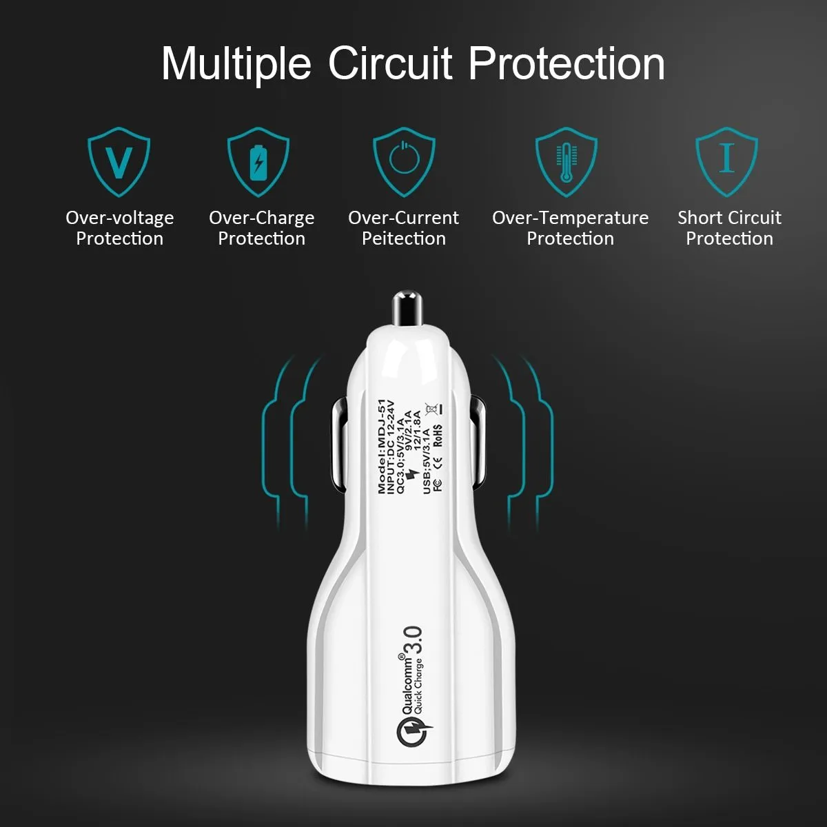 Quick Charge 3.0 dual USB car charger in black with LED indicator, mini size