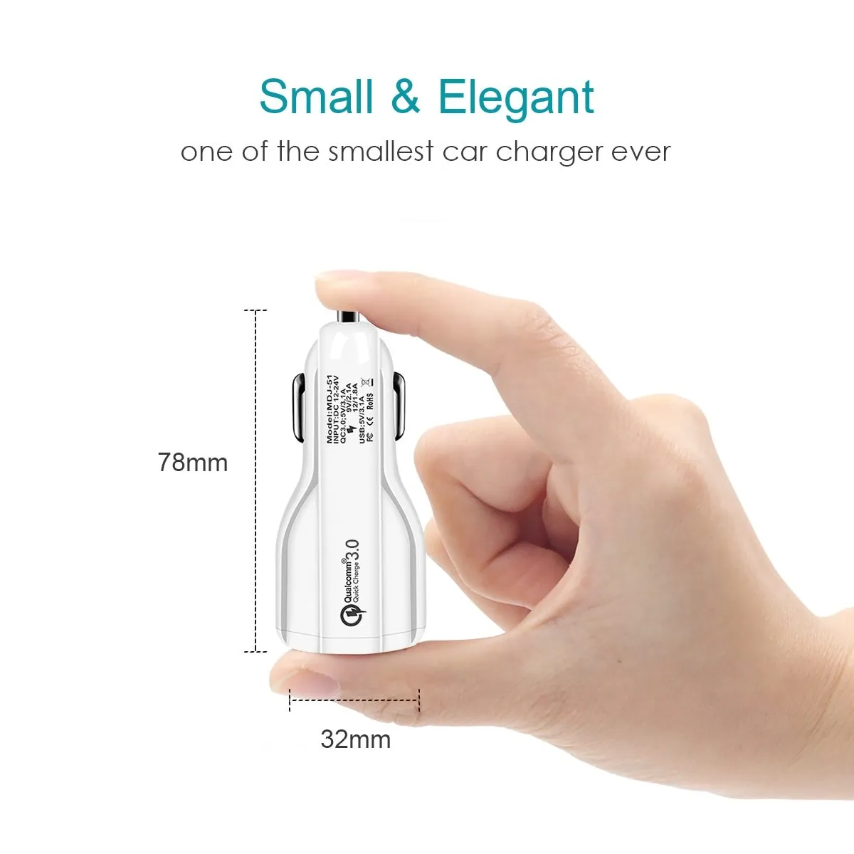 Quick Charge 3.0 dual USB car charger in black with LED indicator, mini size
