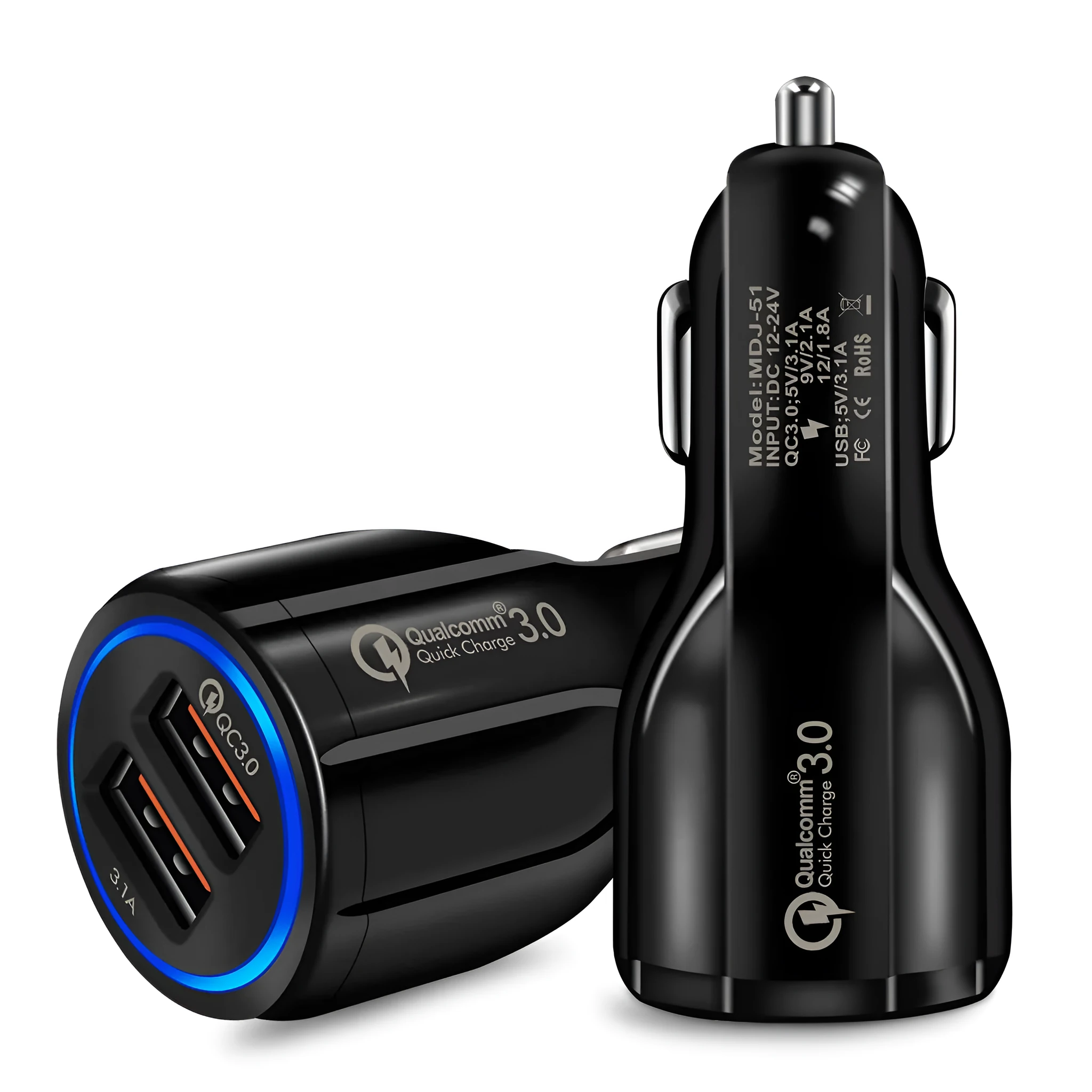 Quick Charge 3.0 dual USB car charger in black with LED indicator, mini size