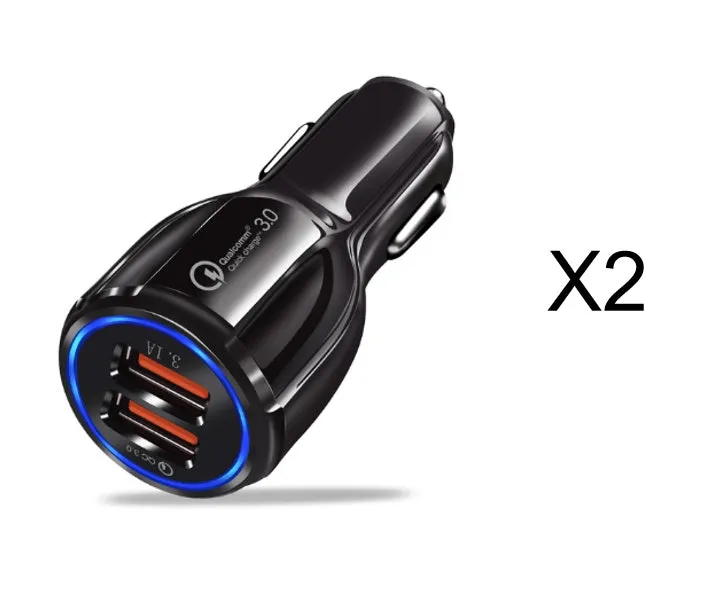 Quick Charge 3.0 dual USB car charger in black with LED indicator, mini size