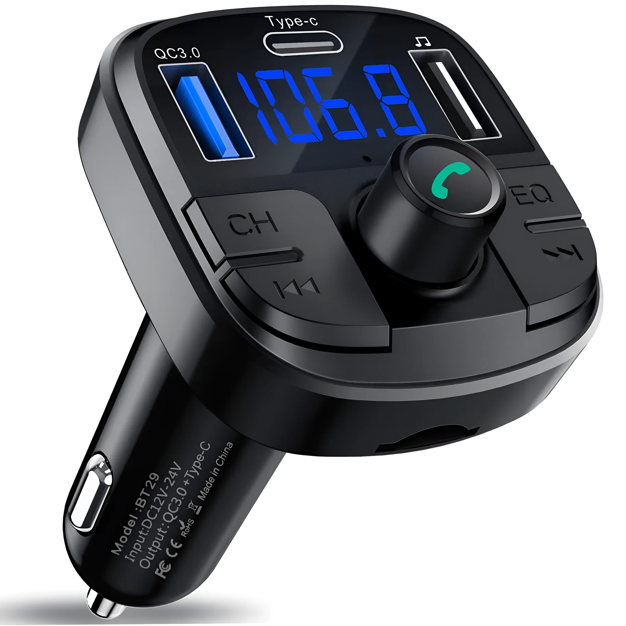 Black car MP3 Bluetooth player charger with monochrome screen and USB port on ABS body