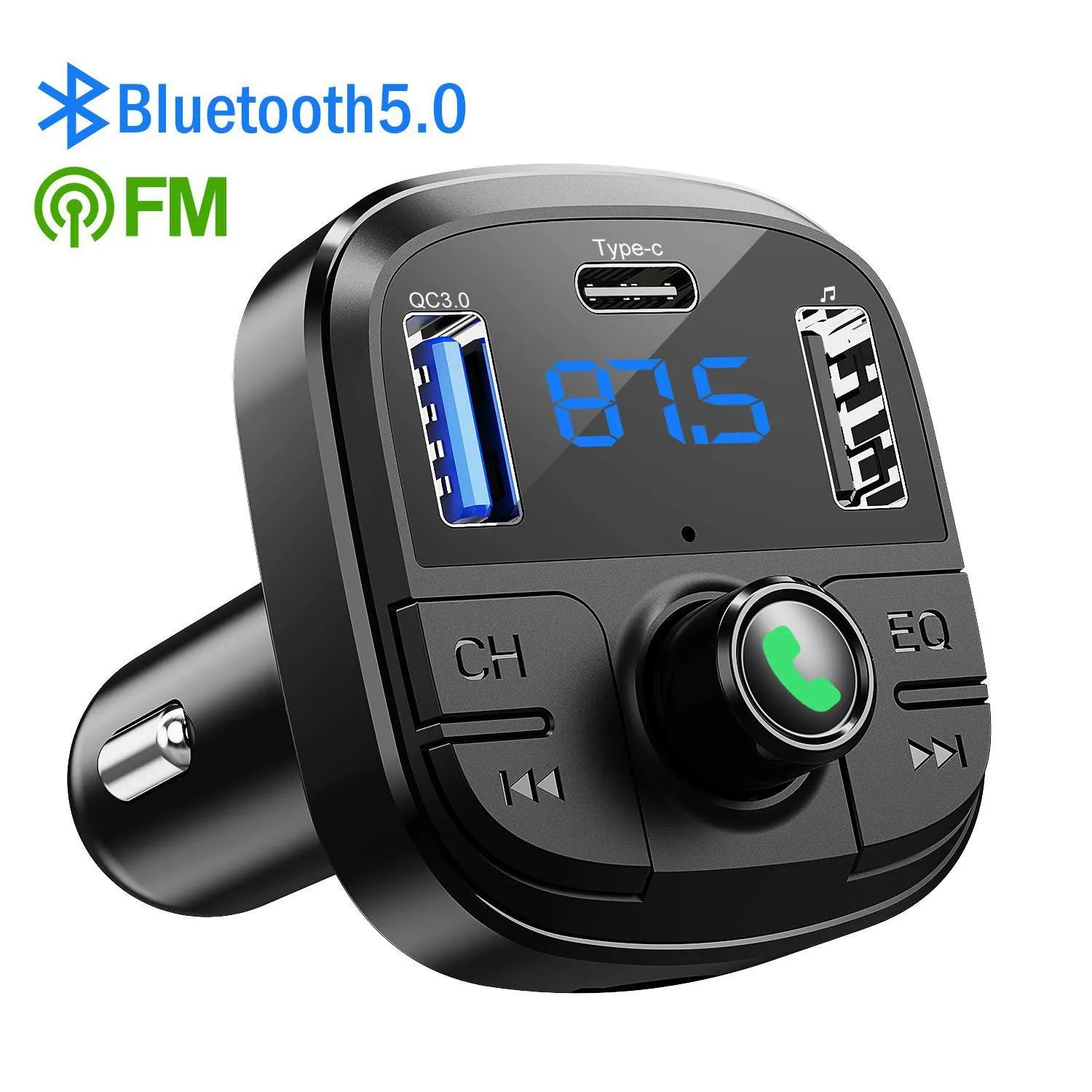 Black car MP3 Bluetooth player charger with monochrome screen and USB port on ABS body