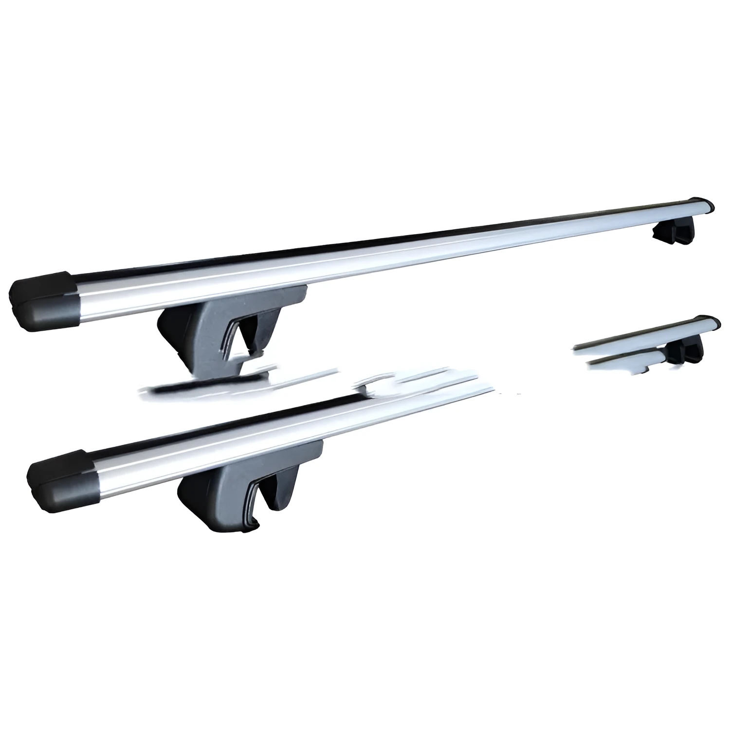 Black alloy GM SUV roof rack cross bars set showing adjustable length on vehicle roof.