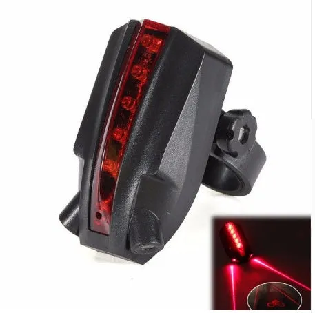 Black and red bicycle laser taillight with 5 LED indicators and adjustable clamp on a bike seatpost