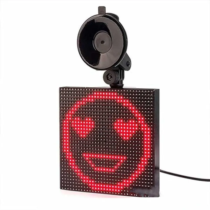 Full-colour 32x32 pixel Bluetooth car LED display showing a smiley face in horizontal scroll mode
