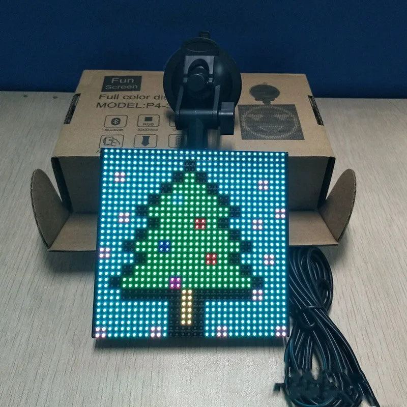 Full-colour 32x32 pixel Bluetooth car LED display showing a smiley face in horizontal scroll mode