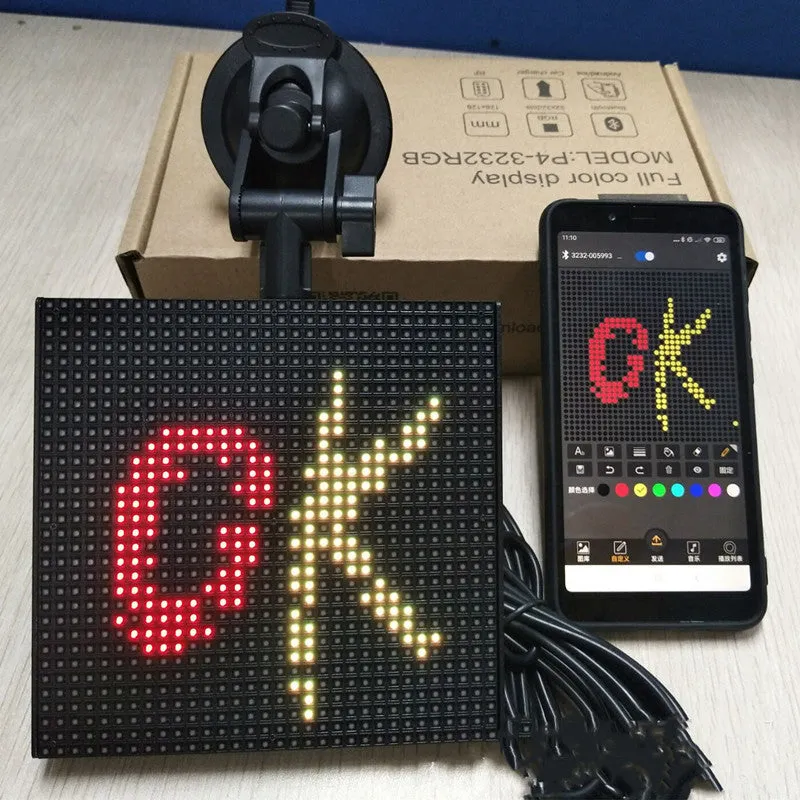 Full-colour 32x32 pixel Bluetooth car LED display showing a smiley face in horizontal scroll mode