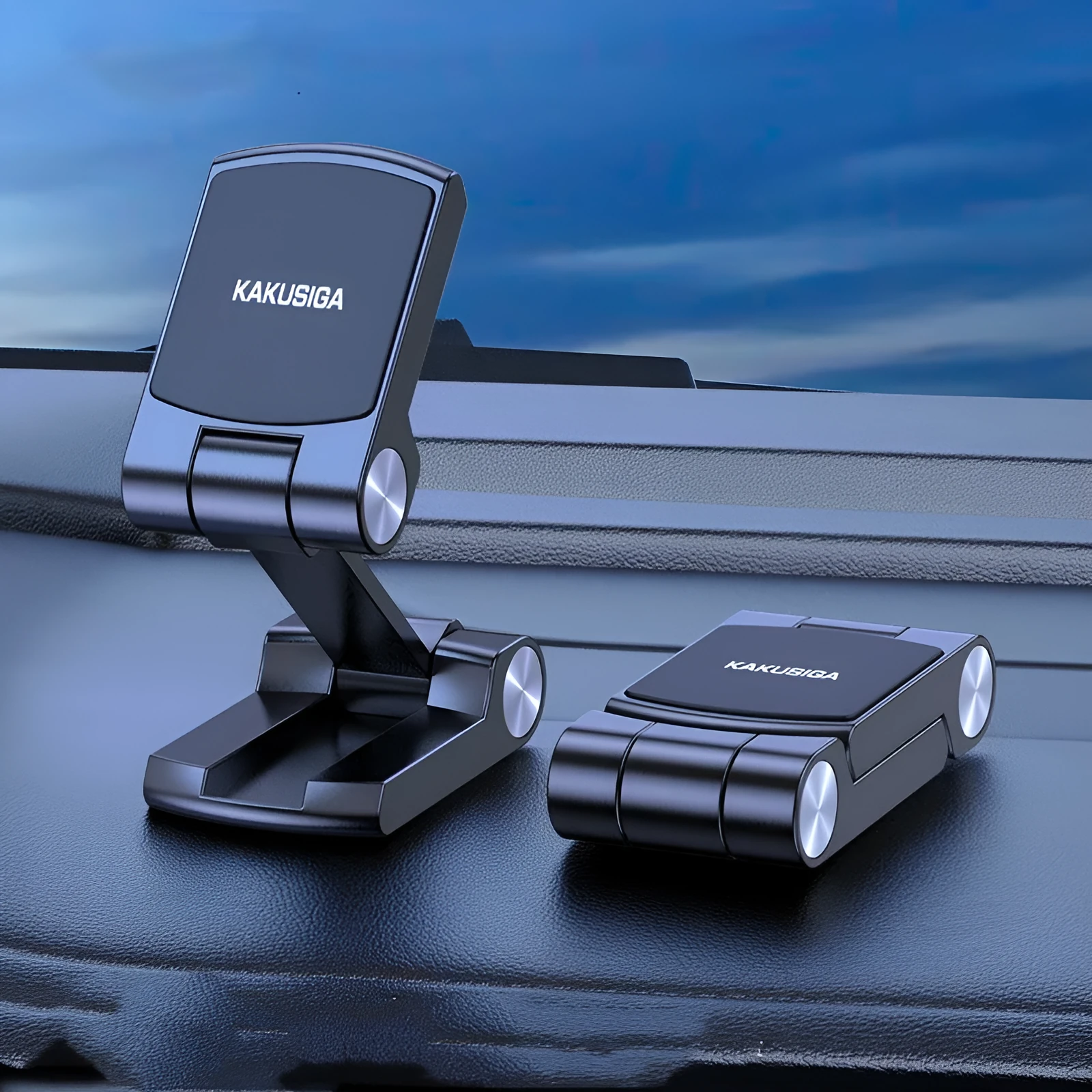 Collapsible magnetic car phone holder in silver, made of ABS leather metal, expanded position