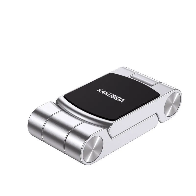 Collapsible magnetic car phone holder in silver, made of ABS leather metal, expanded position