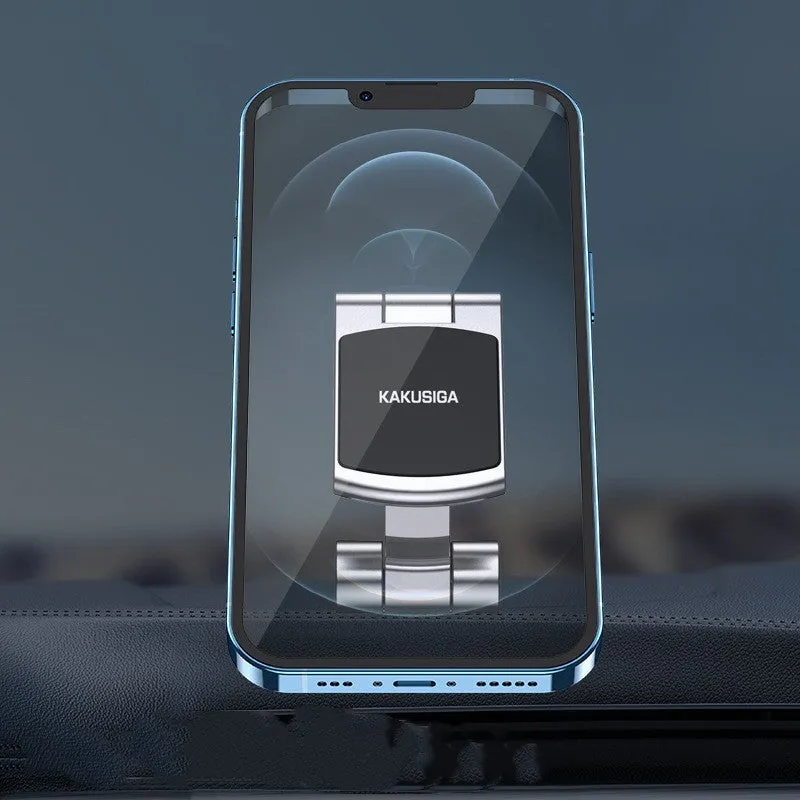 Collapsible magnetic car phone holder in silver, made of ABS leather metal, expanded position
