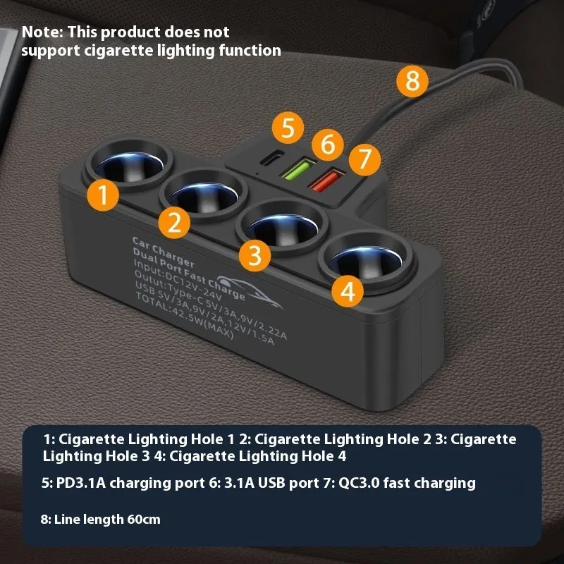 Car-mounted multi-function fast charging cigarette lighter with dual USB PD ports