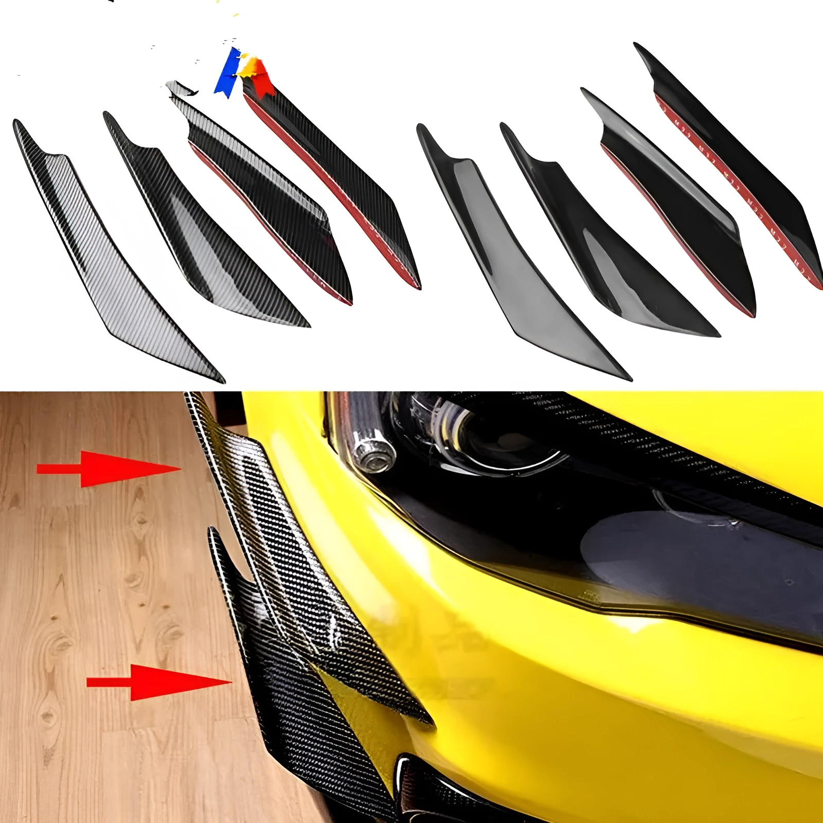 Set of four ABS plastic bumper air knife spoilers in a carbon fibre finish for car modification.