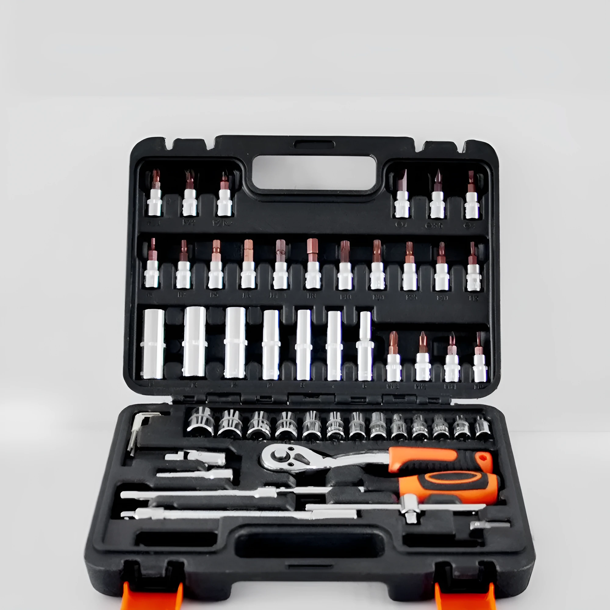 53-piece auto maintenance tool set in compact plastic case showing sockets and drivers