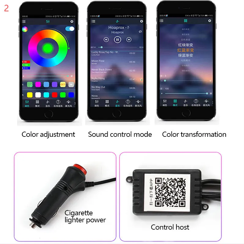 Car fiber optic ambient light strip showing RGB colours on a car door panel and dashboard