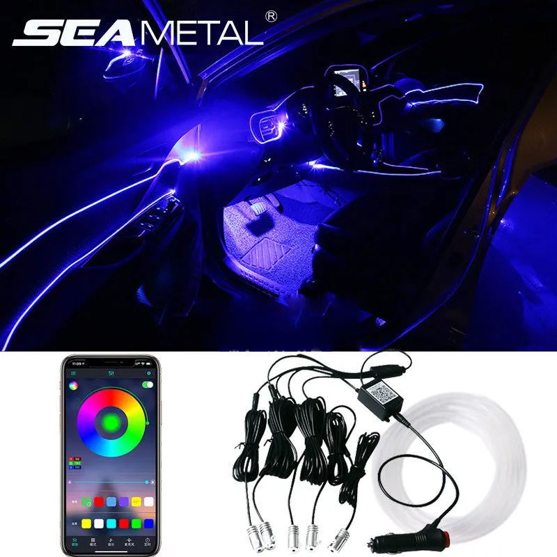 Car fiber optic ambient light strip showing RGB colours on a car door panel and dashboard