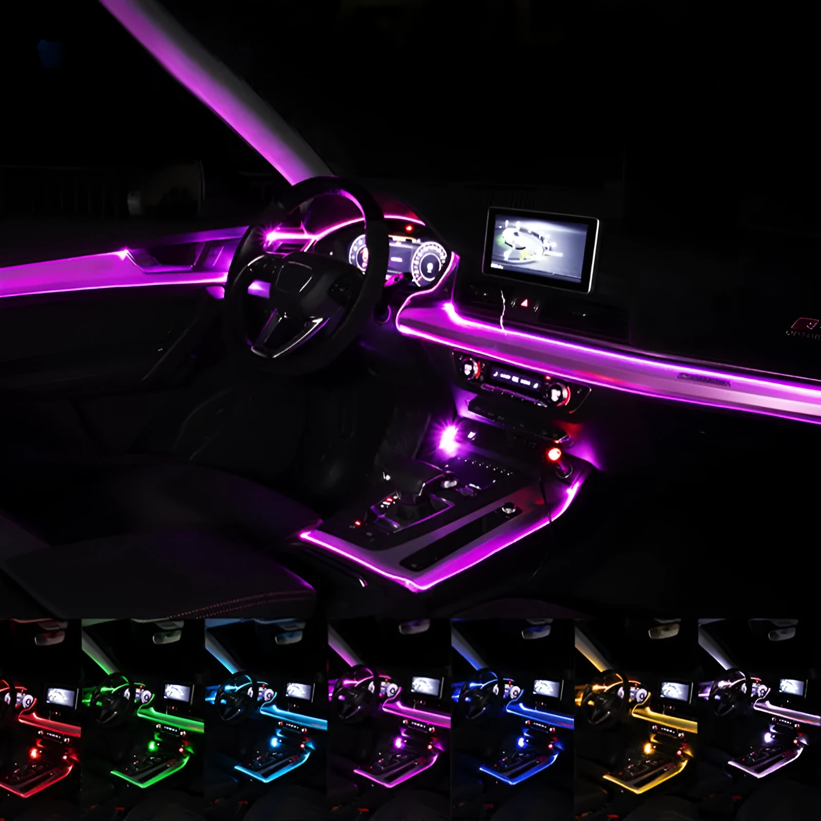 Car fiber optic ambient light strip showing RGB colours on a car door panel and dashboard