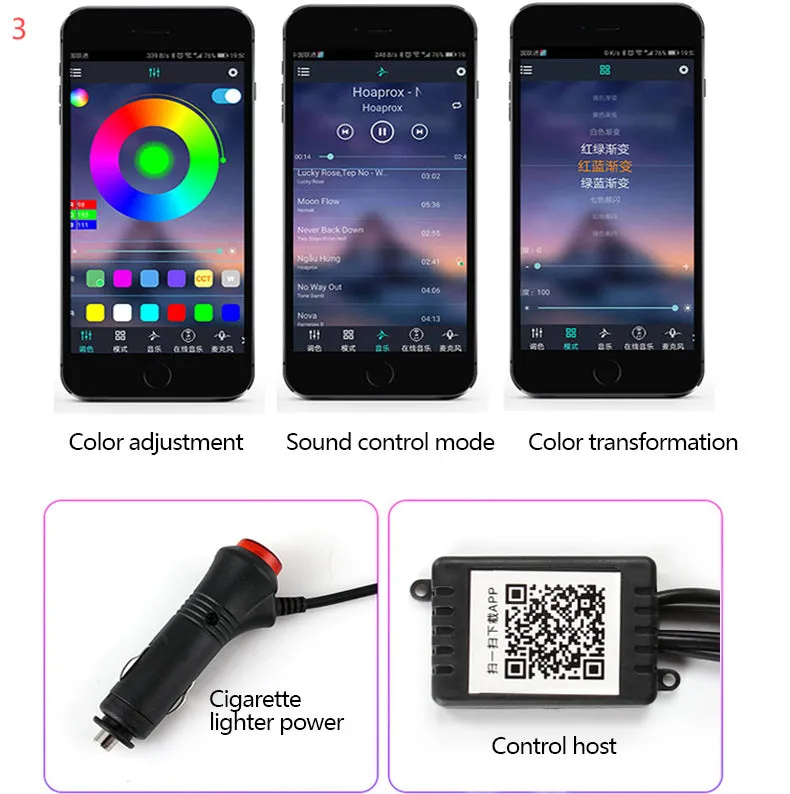 Car fiber optic ambient light strip showing RGB colours on a car door panel and dashboard
