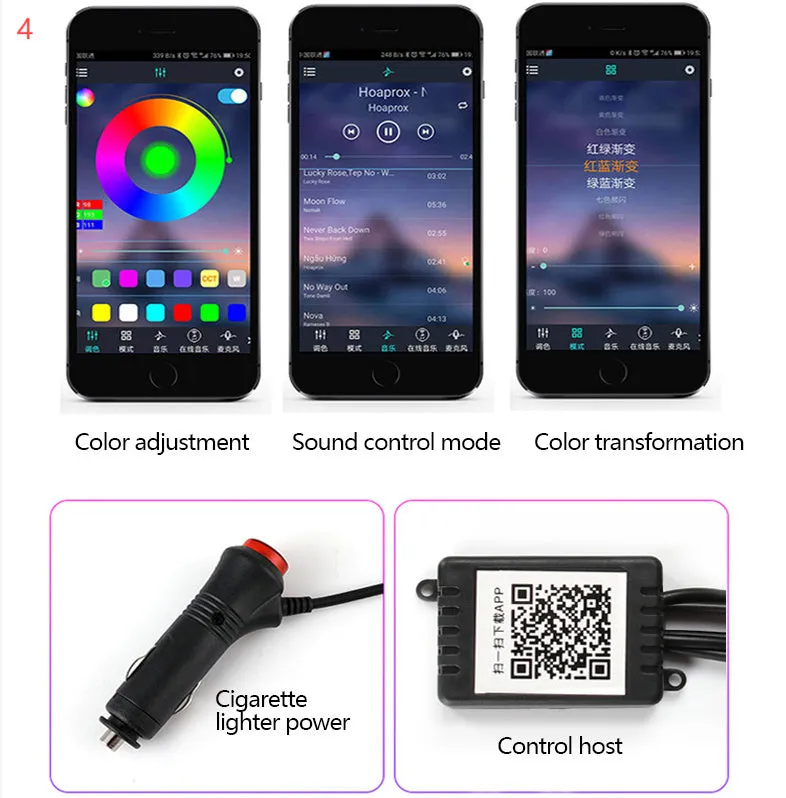 Car fiber optic ambient light strip showing RGB colours on a car door panel and dashboard