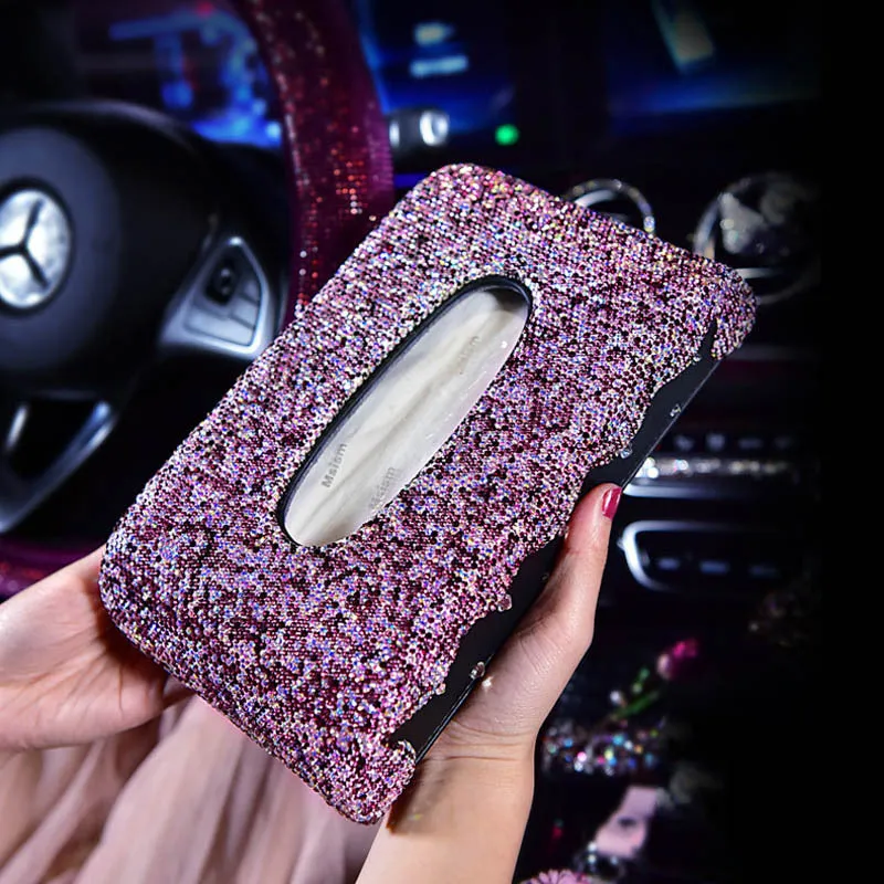 Round crystal diamond car aromatherapy pendant in purple swan style hanging from rearview mirror