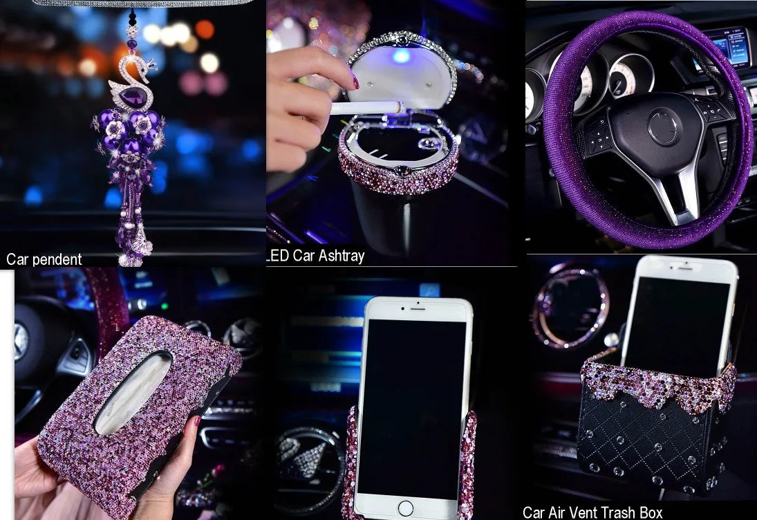 Round crystal diamond car aromatherapy pendant in purple swan style hanging from rearview mirror
