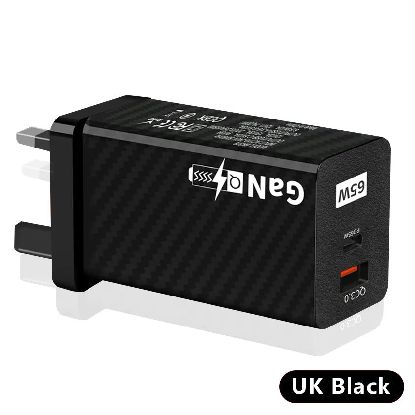 65W Gallium Nitride universal laptop charger in white with USB-C port and compact design