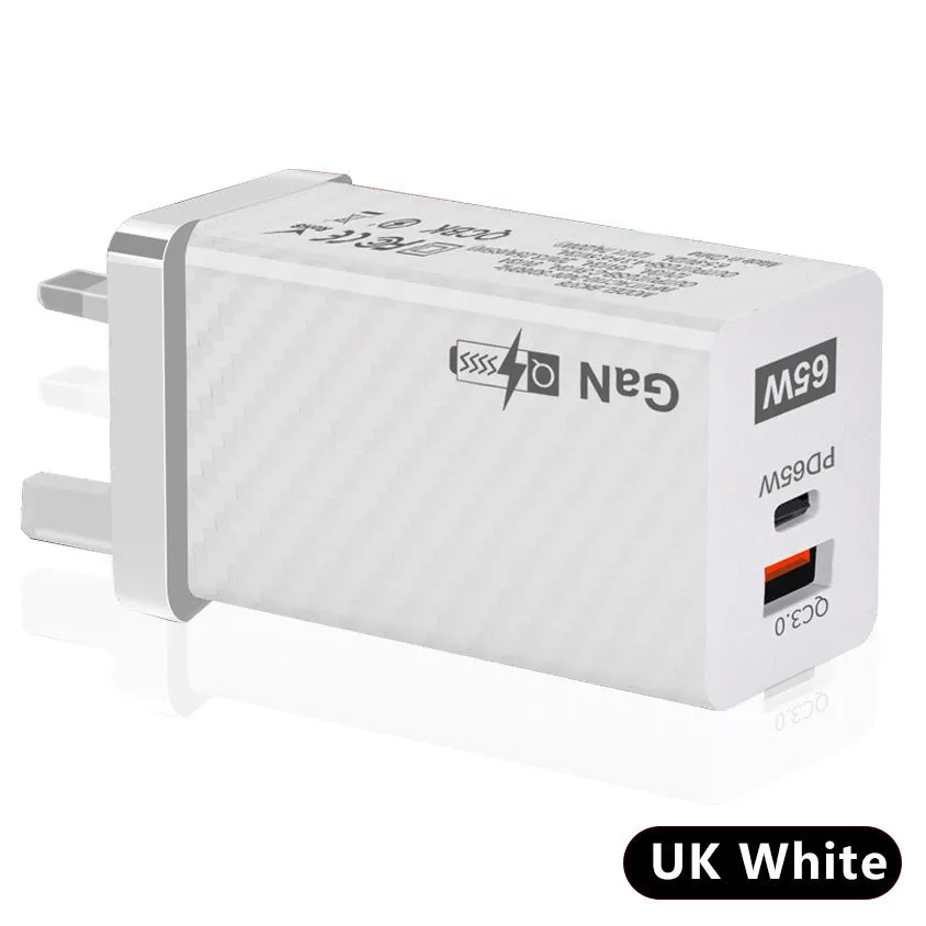 65W Gallium Nitride universal laptop charger in white with USB-C port and compact design