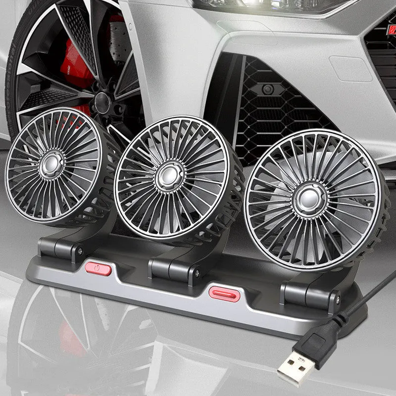 Three-head automotive electric cooling fan with extended cable for car interior use
