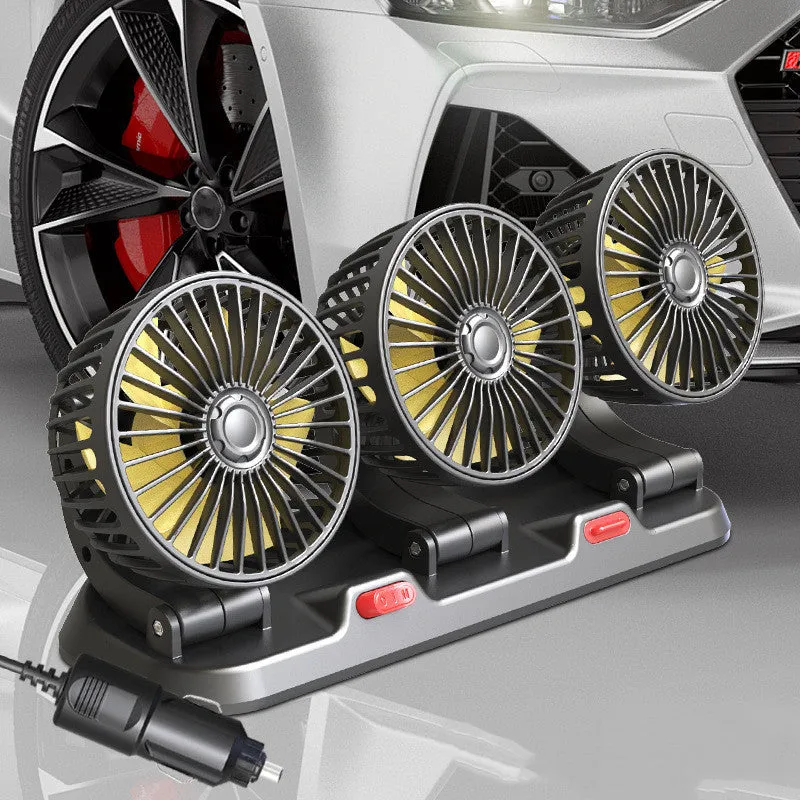Three-head automotive electric cooling fan with extended cable for car interior use