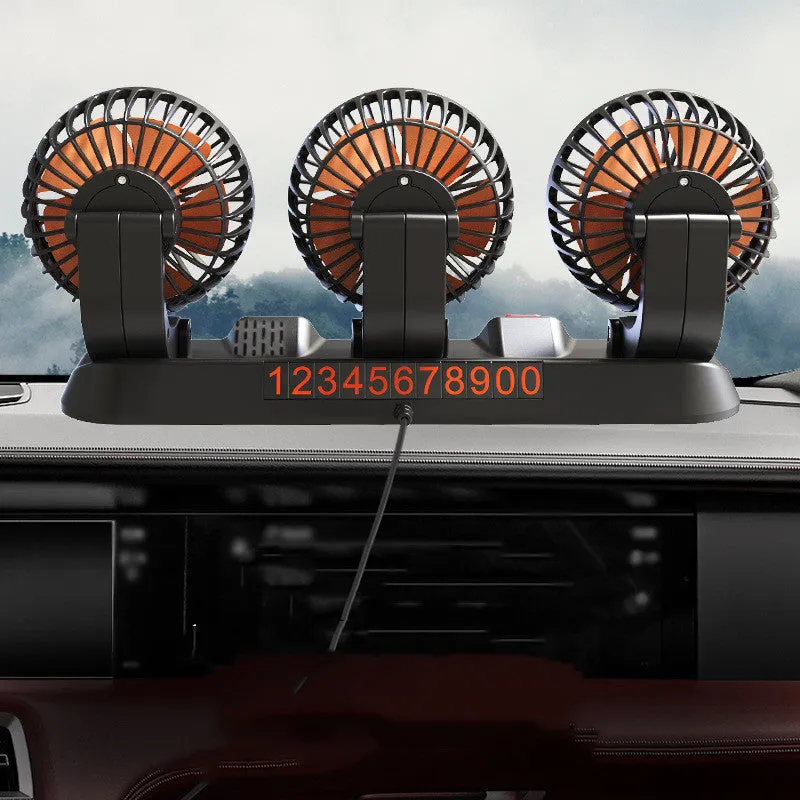 Three-head automotive electric cooling fan with extended cable for car interior use
