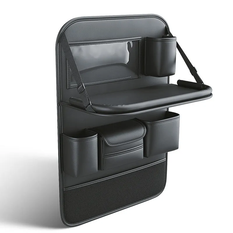 Car seat back storage bag with foldable dining table in leather, waterproof and pressure resistant, high grade gray colour