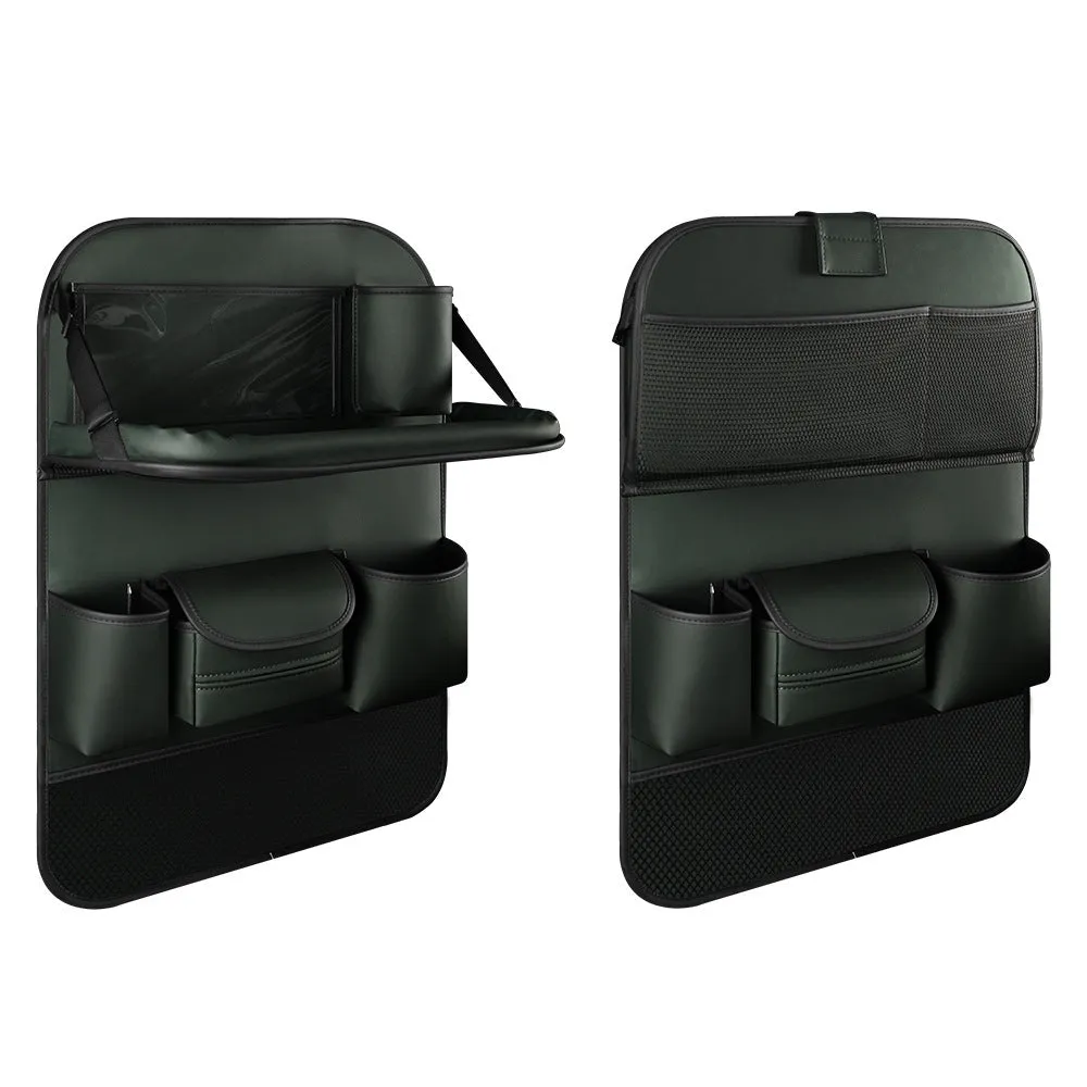 Car seat back storage bag with foldable dining table in leather, waterproof and pressure resistant, high grade gray colour