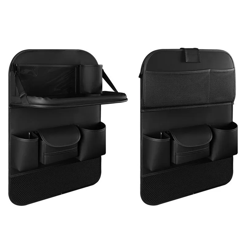 Car seat back storage bag with foldable dining table in leather, waterproof and pressure resistant, high grade gray colour