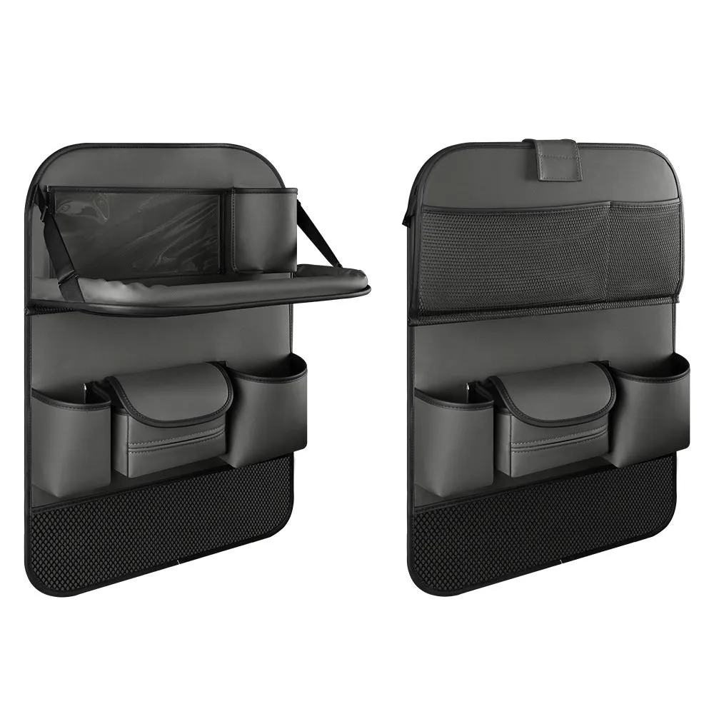 Car seat back storage bag with foldable dining table in leather, waterproof and pressure resistant, high grade gray colour