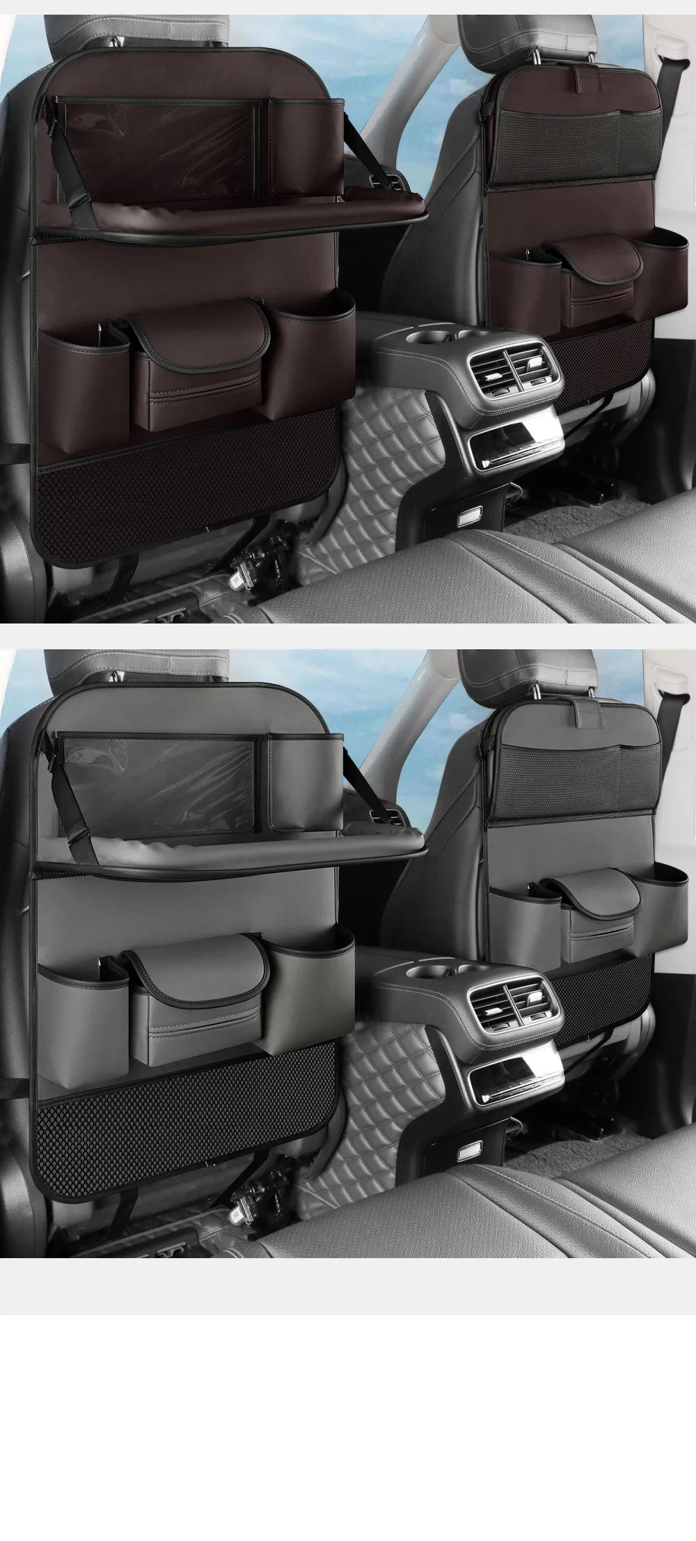 Car seat back storage bag with foldable dining table in leather, waterproof and pressure resistant, high grade gray colour