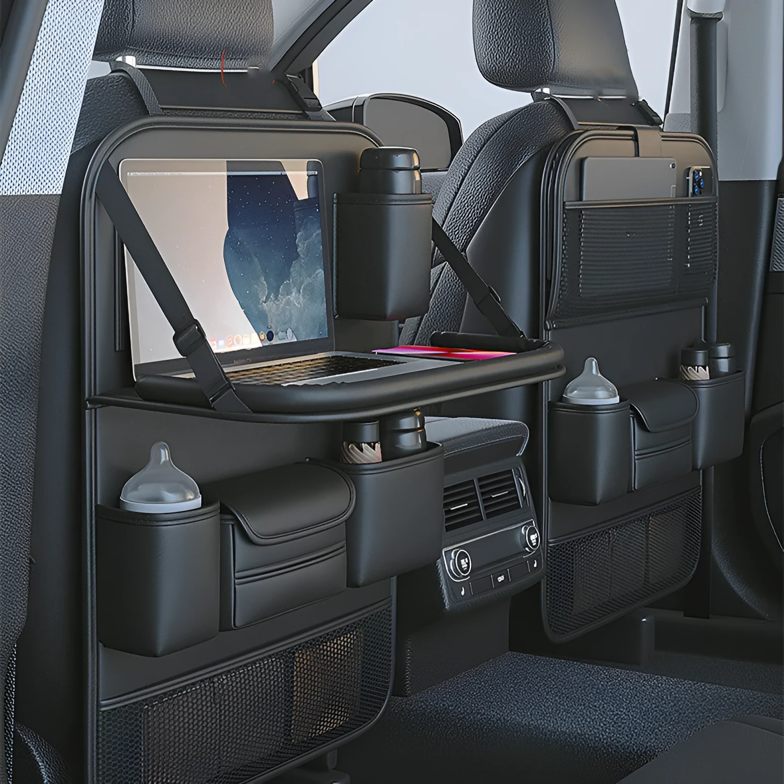 Car seat back storage bag with foldable dining table in leather, waterproof and pressure resistant, high grade gray colour