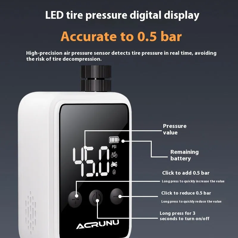 Bicycle intelligent digital display inflator in moon white with adaptors and Type-C cable