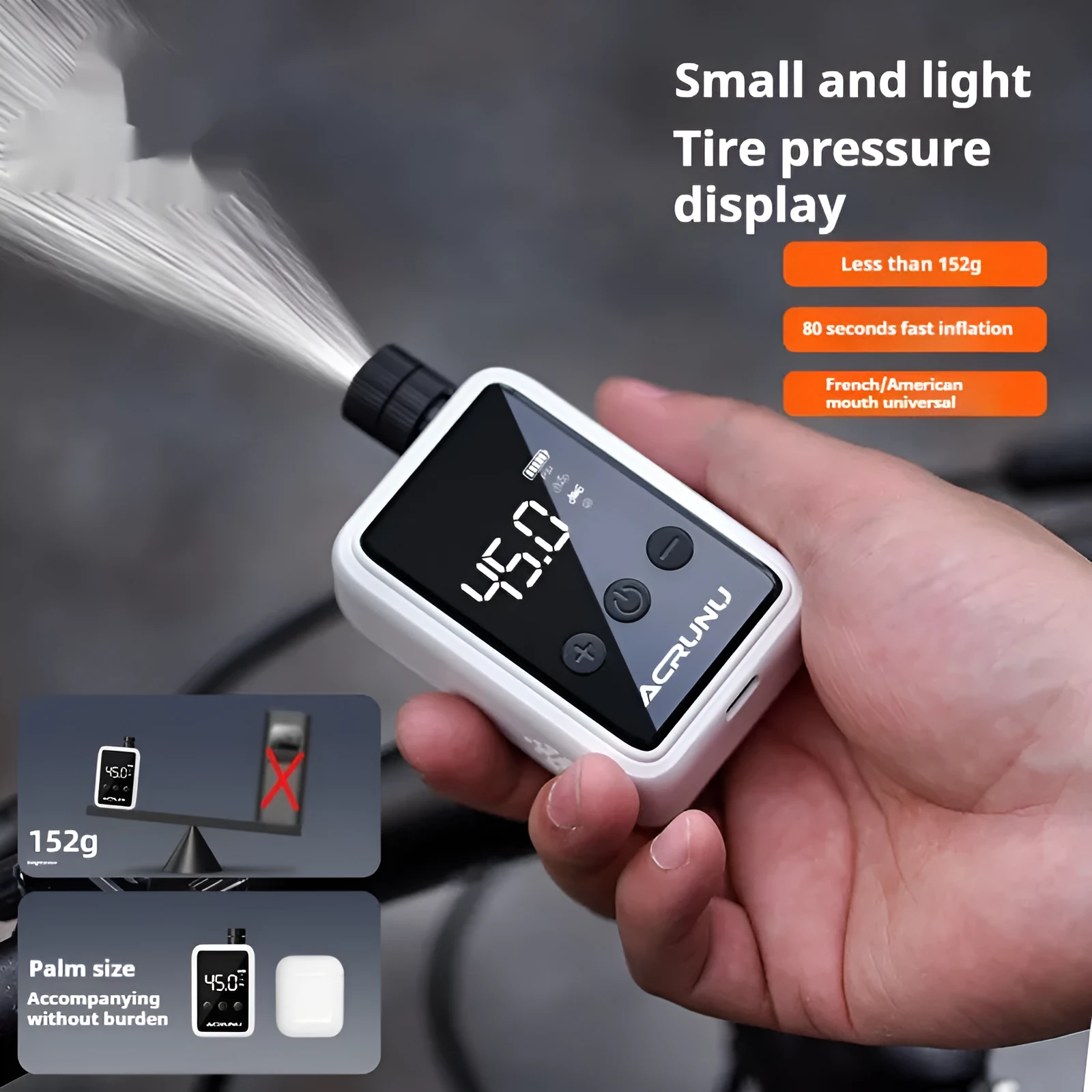 Bicycle intelligent digital display inflator in moon white with adaptors and Type-C cable