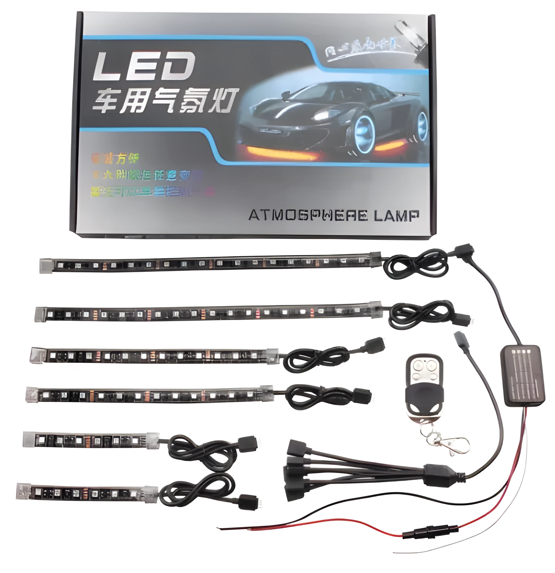 RGB LED atmosphere light kit for car interior with six flexible strips and remote control