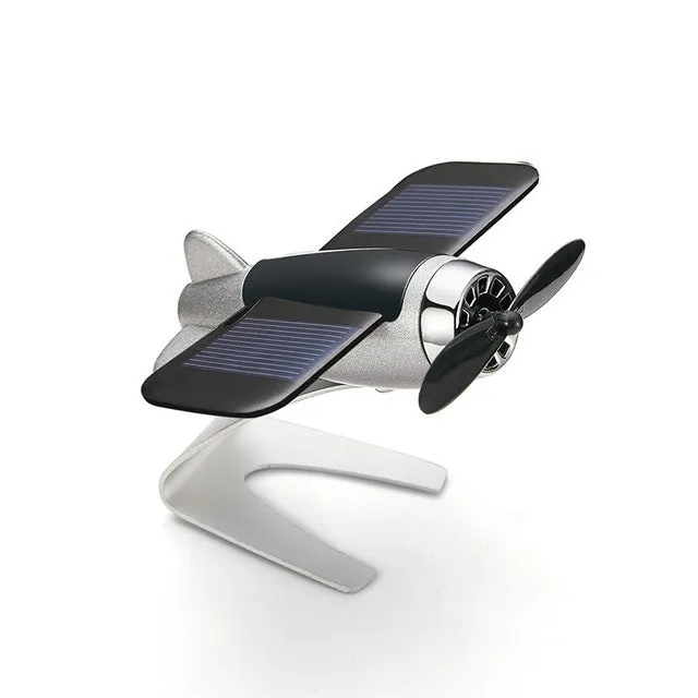 Solar powered aircraft car air freshener decoration in silver with aroma sticks and non-slip mat