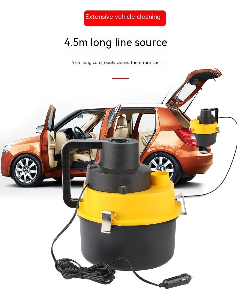 Yellow 12V wet and dry car cleaner with ABS body on a grey surface with nozzles and hose visible