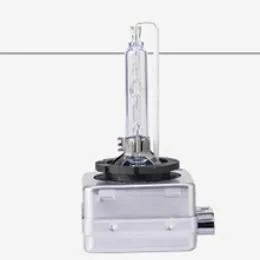 Xenon automotive headlight bulb with aluminium alloy shell and quartz tube, showing D1S and D1R base types.