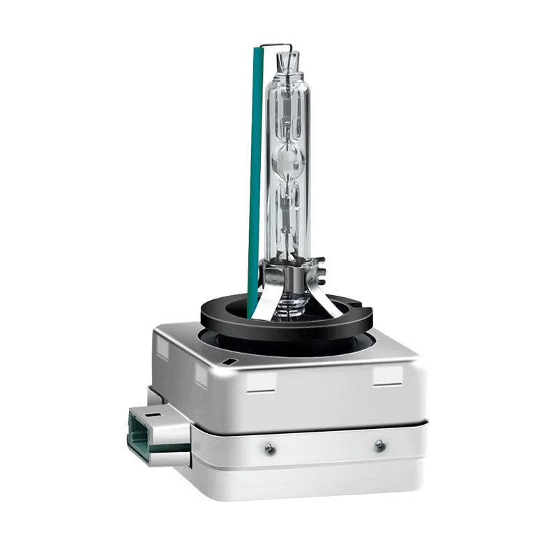 Xenon automotive headlight bulb with aluminium alloy shell and quartz tube, showing D1S and D1R base types.