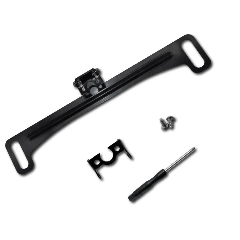 3 black metal licence plate frames with screws and screwdriver for rearview camera bracket on wooden surface