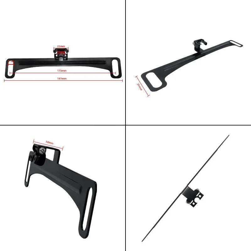 3 black metal licence plate frames with screws and screwdriver for rearview camera bracket on wooden surface