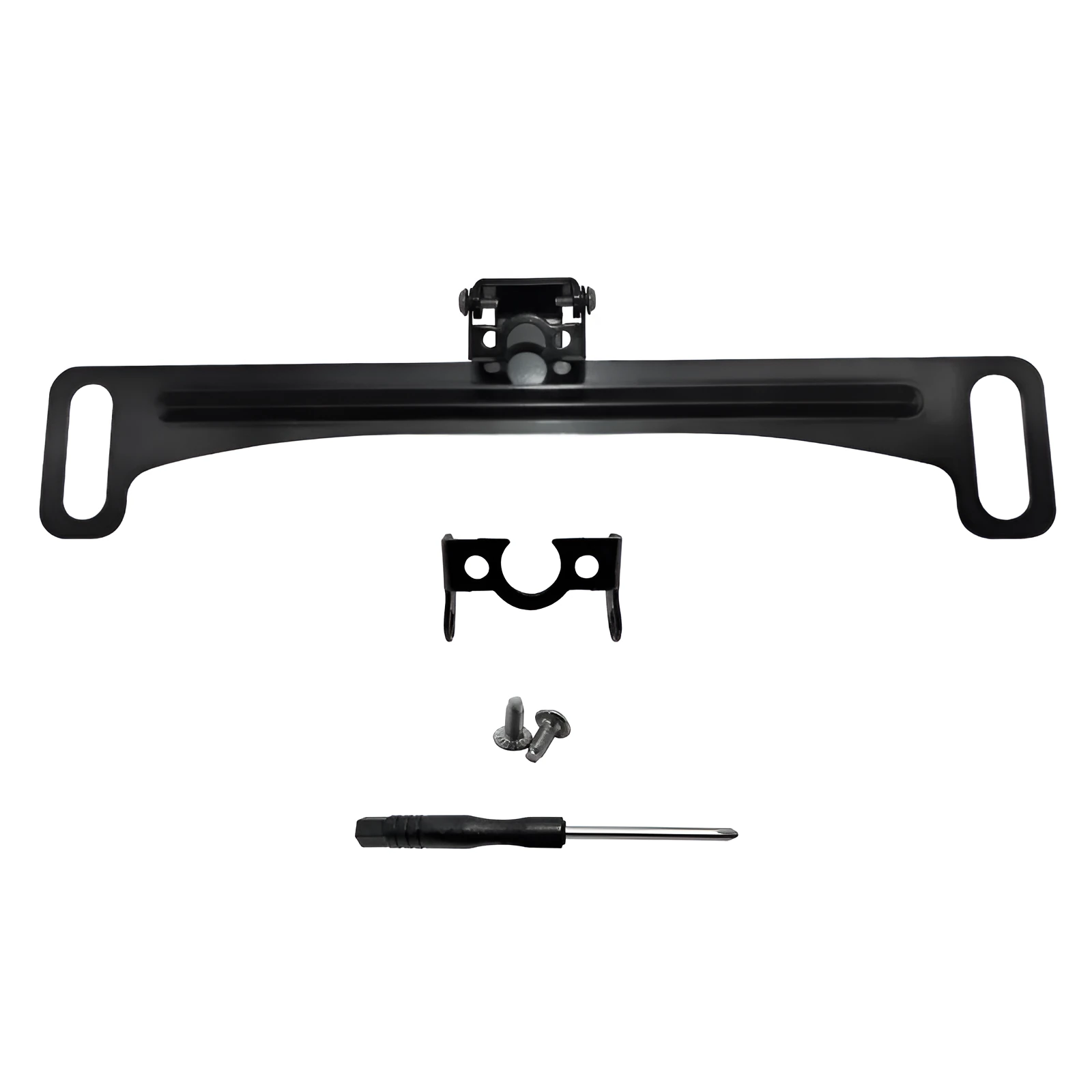 3 black metal licence plate frames with screws and screwdriver for rearview camera bracket on wooden surface
