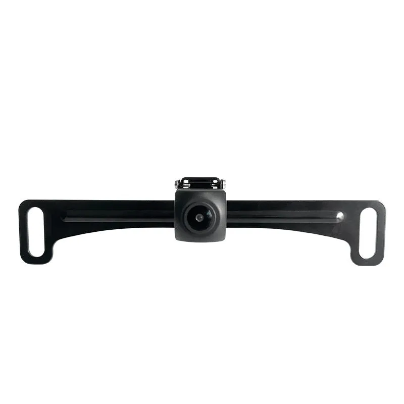 3 black metal licence plate frames with screws and screwdriver for rearview camera bracket on wooden surface