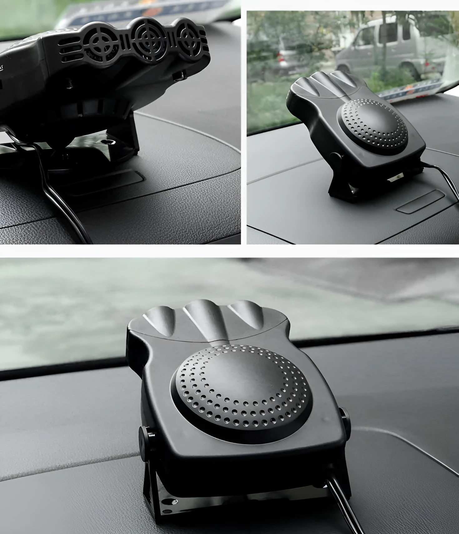 Electric car 12V heater defroster with three air outlets and 180-degree rotating base, black colour